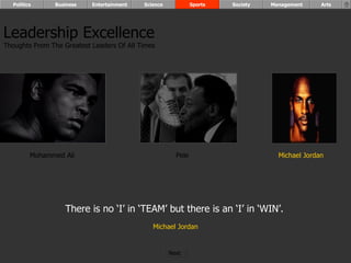 Mohammed Ali Pele Michael Jordan There is no ‘I’ in ‘TEAM’ but there is an ‘I’ in ‘WIN’.   Michael Jordan Leadership Excellence Thoughts From The Greatest Leaders Of All Times  Politics Business Entertainment Science Sports Society Management Arts Next  