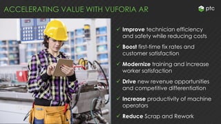 ACCELERATING VALUE WITH VUFORIA AR
✓ Improve technician efficiency
and safety while reducing costs
✓ Boost first-time fix rates and
customer satisfaction
✓ Modernize training and increase
worker satisfaction
✓ Drive new revenue opportunities
and competitive differentiation
✓ Increase productivity of machine
operators
✓ Reduce Scrap and Rework
 