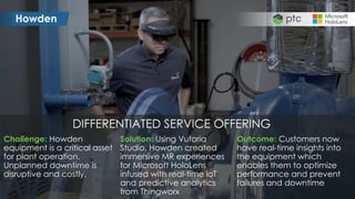 Howden
Challenge: Howden
equipment is a critical asset
for plant operation.
Unplanned downtime is
disruptive and costly.
Solution: Using Vuforia
Studio, Howden created
immersive MR experiences
for Microsoft HoloLens
infused with real-time IoT
and predictive analytics
from Thingworx
Outcome: Customers now
have real-time insights into
the equipment which
enables them to optimize
performance and prevent
failures and downtime
DIFFERENTIATED SERVICE OFFERING
 