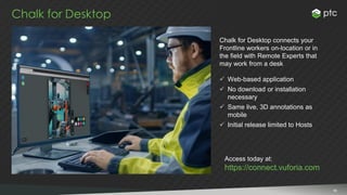 5050
Chalk for Desktop
Chalk for Desktop connects your
Frontline workers on-location or in
the field with Remote Experts that
may work from a desk
✓ Web-based application
✓ No download or installation
necessary
✓ Same live, 3D annotations as
mobile
✓ Initial release limited to Hosts
Access today at:
https://connect.vuforia.com
 