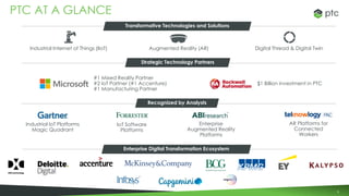 6
PTC AT A GLANCE
IoT Software
Platforms
AR Platforms for
Connected
Workers
Enterprise
Augmented Reality
Platforms
Industrial IoT Platforms
Magic Quadrant
Recognized by Analysts
Augmented Reality (AR)Industrial Internet of Things (IIoT) Digital Thread & Digital Twin
Transformative Technologies and Solutions
$1 Billion investment in PTC
Strategic Technology Partners
#1 Mixed Reality Partner
#2 IoT Partner (#1 Accenture)
#1 Manufacturing Partner
Enterprise Digital Transformation Ecosystem
 