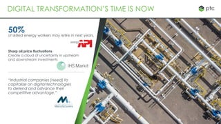 “Industrial companies [need] to
capitalize on digital technologies
to defend and advance their
competitive advantage.”
DIGITAL TRANSFORMATION’S TIME IS NOW
of skilled energy workers may retire in next years.
50%
Sharp oil price fluctuations
Create a cloud of uncertainty in upstream
and downstream investments
 