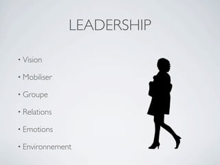 LEADERSHIP

• Vision

• Mobiliser

• Groupe

• Relations

• Emotions

• Environnement
 