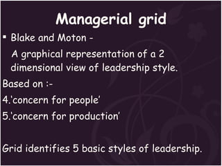 Managerial grid Blake and Moton - A graphical representation of a 2 dimensional view of leadership style. Based on :- ‘ concern for people’ ‘ concern for production’ Grid identifies 5 basic styles of leadership. 