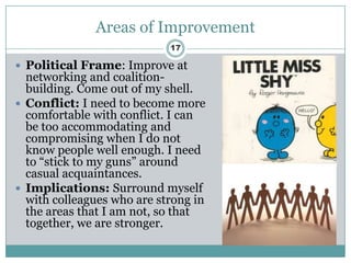 Areas of Improvement
                            17

 Political Frame: Improve at
  networking and coalition-
  building. Come out of my shell.
 Conflict: I need to become more
  comfortable with conflict. I can
  be too accommodating and
  compromising when I do not
  know people well enough. I need
  to “stick to my guns” around
  casual acquaintances.
 Implications: Surround myself
  with colleagues who are strong in
  the areas that I am not, so that
  together, we are stronger.
 