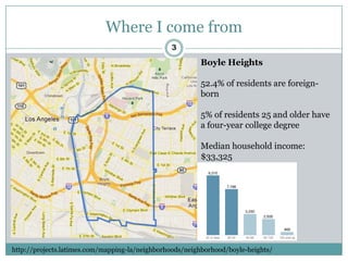 Where I come from
                                                3
                                                         Boyle Heights

                                                         52.4% of residents are foreign-
                                                         born

                                                         5% of residents 25 and older have
                                                         a four-year college degree

                                                         Median household income:
                                                         $33,325




http://projects.latimes.com/mapping-la/neighborhoods/neighborhood/boyle-heights/
 