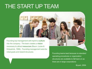 Founding teams lead because no standard
operating procedures or organization
structures are available to fall back on as
there are in large corporations
THE START UP TEAM
Bryant, 2004
Founding top management will imprint a culture
into the company. The team creates a vision
necessary to attract resources (Baum, Locke &
Kirkpatrick, 1998). Founding management sets the
initial goals and reward structures.
 