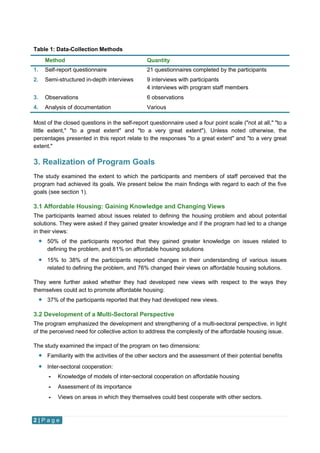 2 | P a g e
Table 1: Data-Collection Methods
Method Quantity
1. Self-report questionnaire 21 questionnaires completed by the participants
2. Semi-structured in-depth interviews 9 interviews with participants
4 interviews with program staff members
3. Observations 6 observations
4. Analysis of documentation Various
Most of the closed questions in the self-report questionnaire used a four point scale ("not at all," "to a
little extent," "to a great extent" and "to a very great extent"). Unless noted otherwise, the
percentages presented in this report relate to the responses "to a great extent" and "to a very great
extent."
3. Realization of Program Goals
The study examined the extent to which the participants and members of staff perceived that the
program had achieved its goals. We present below the main findings with regard to each of the five
goals (see section 1).
3.1 Affordable Housing: Gaining Knowledge and Changing Views
The participants learned about issues related to defining the housing problem and about potential
solutions. They were asked if they gained greater knowledge and if the program had led to a change
in their views:
 50% of the participants reported that they gained greater knowledge on issues related to
defining the problem, and 81% on affordable housing solutions
 15% to 38% of the participants reported changes in their understanding of various issues
related to defining the problem, and 76% changed their views on affordable housing solutions.
They were further asked whether they had developed new views with respect to the ways they
themselves could act to promote affordable housing:
 37% of the participants reported that they had developed new views.
3.2 Development of a Multi-Sectoral Perspective
The program emphasized the development and strengthening of a multi-sectoral perspective, in light
of the perceived need for collective action to address the complexity of the affordable housing issue.
The study examined the impact of the program on two dimensions:
 Familiarity with the activities of the other sectors and the assessment of their potential benefits
 Inter-sectoral cooperation:
- Knowledge of models of inter-sectoral cooperation on affordable housing
- Assessment of its importance
- Views on areas in which they themselves could best cooperate with other sectors.
 