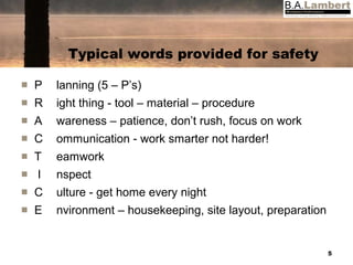 Typical words provided for safety P lanning (5 – P’s) R ight thing - tool – material – procedure A wareness – patience, don’t rush, focus on work C ommunication - work smarter not harder! T eamwork I nspect C ulture - get home every night E nvironment – housekeeping, site layout, preparation 