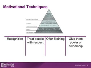 8© Life Cycle Institute
Motivational Techniques
Recognition Treat people
with respect
Offer Training Give them
power or
ownership
 