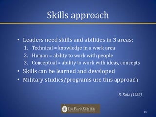 Skills approachLeaders need skills and abilities in 3 areas:Technical = knowledge in a work areaHuman = ability to work with peopleConceptual = ability to work with ideas, conceptsSkills can be learned and developedMilitary studies/programs use this approachR. Katz (1955)15