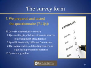 The survey form7. We prepared and tested      the questionnaire (71 Qs):55 Qs—six  dimensions + culture   2 Qs—ranking top 3 dimensions and sources 	          of development of leadership     2 Qs—PR leadership different from others   2 Qs—open-ended: outstanding leader and 	          significant personal experience10 Qs—demographics 27