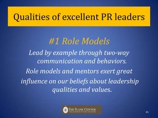 Research Part II:Analysis of the 20 Plank Center studiesResearched styles, ethics, education, culture,             power relations, behaviorsSurveyed/interviewed +4,000 practitioners,            educators and students Analyzed studies for patternsIdentified 9 qualities      of excellent leaders40