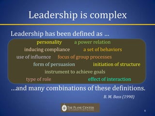 Leadership is complexLeadership has been defined as …personalitya power relation       inducing compliancea set of behaviors use of influence focus of group processes form of persuasion initiation of structureinstrument to achieve goals  type of role 	effect of interaction…and many combinations of these definitions.  B. M. Bass (1990)6