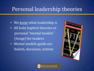 Personal leadership theoriesWe know what leadership isAll hold implicit theories or      personal “mental models”     (Senge) for leadersMental models guide our     beliefs, decisions, actions7