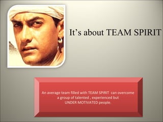 It’s about TEAM SPIRIT




An average team filled with TEAM SPIRIT can overcome
        a group of talented , experienced but
             UNDER MOTIVATED people.
 