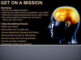 Identifying:
• Why do you play/participate?
• What do you really want to accomplish in your field?
• What kind of player/professional do you want to be?
• How will you get from where you are now to
  where you want to be?
7 Step Goal Setting Process
•Define your dream
•Know where you are right now
•Honest Assessment (develop Sub-Goals)
•Personal Plan of Action & Affirmations
•Set and pursue short term goals/tasks
•Commit yourself completely
•Continually monitor your progress
 