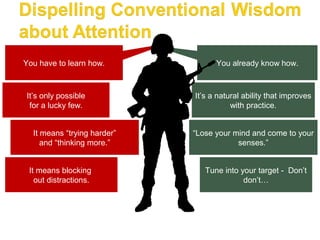 You have to learn how.             You already know how.



It’s only possible           It’s a natural ability that improves
 for a lucky few.                       with practice.


  It means “trying harder”   “Lose your mind and come to your
     and “thinking more.”                senses.”


 It means blocking              Tune into your target - Don’t
   out distractions.                       don’t…
 