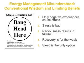 1.   Only negative experiences
     cause stress
2.   Stress is bad
3.   Nervousness results in
     failure
4.   Recovery is for the weak
5.   Sleep is the only option
 
