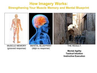 MUSCLE MEMORY        MENTAL BLUEPRINT         THE RESULT:
(grooved response)    (déjà vu response)
                                               Mental Agility
                                             Tactical Intuition
                                           Instinctive Execution
 