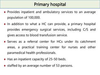 Primary hospital
 Provides inpatient and ambulatory services to an average
population of 100,000.
 In addition to what a HC can provide, a primary hospital
provides emergency surgical services, including C/S and
gives access to blood transfusion service.
 Serves as a referral center for HCs under its catchment
areas, a practical training center for nurses and other
paramedical health professionals.
 Has an inpatient capacity of 25-50 beds.
 staffed by an average number of 53 persons.
 