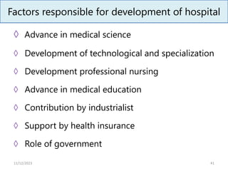 Factors responsible for development of hospital
◊ Advance in medical science
◊ Development of technological and specialization
◊ Development professional nursing
◊ Advance in medical education
◊ Contribution by industrialist
◊ Support by health insurance
◊ Role of government
41
11/12/2023
 