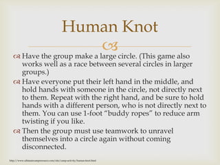  Have the group make a large circle. (This game also
works well as a race between several circles in larger
groups.)
 Have everyone put their left hand in the middle, and
hold hands with someone in the circle, not directly next
to them. Repeat with the right hand, and be sure to hold
hands with a different person, who is not directly next to
them. You can use 1-foot “buddy ropes” to reduce arm
twisting if you like.
 Then the group must use teamwork to unravel
themselves into a circle again without coming
disconnected.
Human Knot
http://www.ultimatecampresource.com/site/camp-activity/human-knot.html
 
