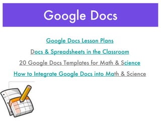 Google Docs Google Docs Lesson Plans D ocs & Spreadsheets in the Classroom 20 Google Docs Templates for Math & S cience How to Integrate Google Docs into Ma th & Science 
