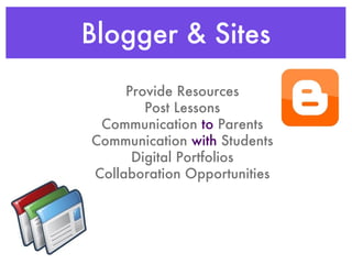 Blogger & Sites Provide Resources Post Lessons Communication  to  Parents Communication  with  Students Digital Portfolios Collaboration Opportunities 
