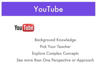 YouTube Background Knowledge Pick Your Teacher Explore Complex Concepts See more than One Perspective or Approach 