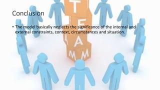 Conclusion
• The model basically neglects the significance of the internal and
external constraints, context, circumstances and situation.
 