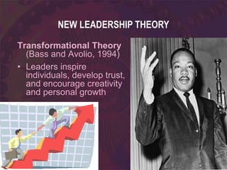 Transformational Theory
(Bass and Avolio, 1994)
• Leaders inspire
individuals, develop trust,
and encourage creativity
and personal growth
NEW LEADERSHIP THEORY
 