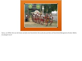 So isses. 
•Gibt Anweisungen 
•Entscheidet alleine 
•Bestraft bei Nichteinhaltung 
•Duldet keine Kritik 
•Denkt 
Bei autoritärer oder hierarchischer Führung entscheidet der Boss, und gibt daraufhin Anweisungen, was konkret zu machen ist. Er entscheidet alleine und 
ist nicht darauf angewiesen Feedback von den Kollegen bekommen. Die brauchen auch gar nicht zu verstehen, warum getan wird was getan wird. Und 
wenn sie nicht spuren werden sie bestraft. 
 