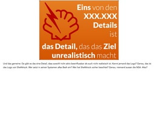 Also: 
Eliminate 
Unknowns 
Lastenheft & 
Pflichtenheft 
Also müssen wir alle Details erwischen, damit das mit der Zielvereinbarung gut funktioniert. Und damit das klappt, schreiben wir nicht nur ein Lastenheft, 
sondern auch ein Pflichtenheft, bevor der Kollege mit der Arbeit beginnt. Faktisch nutzen wir Remote-Speicherplatz für das, was in unser Gehirn nicht 
mehr hineingeht. 
 