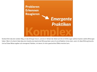 Komplex 
Eine ähnliche Strategie findet man im OODA-Loop sowohl nicht nur in Lean Startup, sondern auch direkt beim Militär. Die haben es sogar erfunden. 
Diese Strategie, die der Dave Snowden da beobachtet hat ist also keineswegs komischer moderner Kram sondern tatsächlich ein Standardvorgehen 
überall auf der Welt. 
 