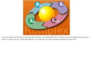 Ich habe durch Probieren gelernt, 
dass B rauskommt 
wenn ich A mache. 
Emergente 
Praktiken 
Komplex 
Und wenn ich eine Weile mit so einem komplexen System arbeite sammle ich immer mehr solche Praktiken. Ich kenne nicht alle Zusammenhänge warum 
das so ist, aber ich weiss aus meiner Erfahrung, dass es statistisch häufig passiert. 
 