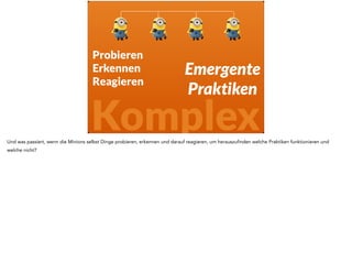 Selbst-organisation 
Probieren 
Erkennen 
Reagieren 
Komplex 
Genau, das Resultat ist Selbstorganisation. Muss man das als Scrum einführen? Nein, der Zyklus Probieren->Erkennen->Reagieren ergibt schon aus sich 
heraus Selbstorganisation. Fremdorganisation ist gar nicht möglich. 
Oder, um mit der Systemtheorie zu sprechen: Selbstorganisation ist das spontane Auftreten neuer, stabiler, effizient erscheinender Strukturen und 
Verhaltensweisen (Musterbildung) in offenen Systemen. 
 