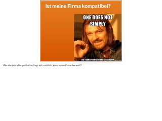 CYOB 
Rollen 
statt 
Positionen 
Und er hat eine einfache Lösung - Choose Your Own Boss. Es gibt keine fixe Position mehr, sondern der Leader ist - wie in der realen Gruppendynamik - 
derjenige, der von den anderen dazu gemacht wird. In diesem Fall nur explizit. Wir machen das bei Scrum-Mastern und Pos - beide müssen vom Team 
dazu gemacht werden. Gary Hamel sieht das in Zukunft für jede Leadership-Funktion. Google arbeitet heute schon zum Teil so, dort heisst es „distributed 
Leadership“. Die Lifetime-Position wird also in Zukunft für unsere Branche abgelöst durch eine Rolle, die auch von den Kollegen getragen wird. 
 