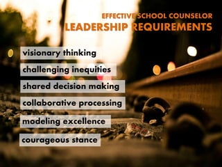 visionary thinking
challenging inequities
shared decision making
collaborative processing
modeling excellence
courageous stance
EFFECTIVE SCHOOL COUNSELOR
LEADERSHIP REQUIREMENTS
 