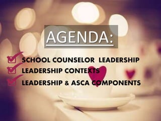SCHOOL COUNSELOR LEADERSHIP
LEADERSHIP CONTEXTS
LEADERSHIP & ASCA COMPONENTS
AGENDA:
 