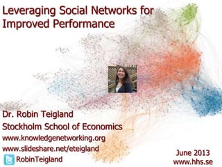 Leveraging Social Networks for
Improved Performance
Dr. Robin Teigland
Stockholm School of Economics
www.knowledgenetworking.org
www.slideshare.net/eteigland
RobinTeigland
June 2013
www.hhs.se
 