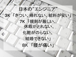 日本の“エンジニア”
３K 「きつい、帰れない、給料が安い」
     ７K 「規則が厳しい、
       休暇がとれない、
      化粧がのらない、
       結婚できない」
    ８K 「腰が痛い」
 