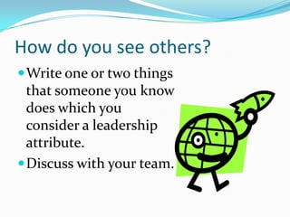 How do you see others?
 Write one or two things
  that someone you know
  does which you
  consider a leadership
  attrib...