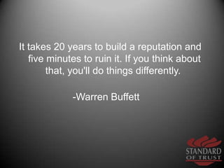 It takes 20 years to build a reputation and five minutes to ruin it. If you think about that, you'll do things differently...