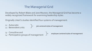 The Managerial Grid
Developed by Robert Blake and Jane Mouton, the Managerial Grid has become a
widely recognized framework for examining leadership styles.
Originally Likert’s studies identified four systems of management:
(1) Autocratic
(2) Benevolent critic
(3) Consultive and
(4) Participative groups of management
job-centered styles of management
employee-centered styles of management
 