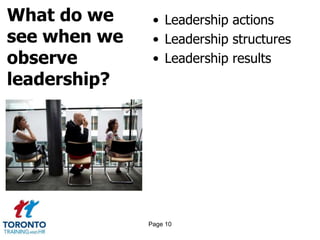 What do we
see when we
observe
leadership?
• Leadership actions
• Leadership structures
• Leadership results
Page 10
 