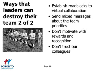 Ways that
leaders can
destroy their
team 2 of 2
• Establish roadblocks to
virtual collaboration
• Send mixed messages
about the team
priorities
• Don’t motivate with
rewards and
recognition
• Don’t trust our
colleagues
Page 44
 