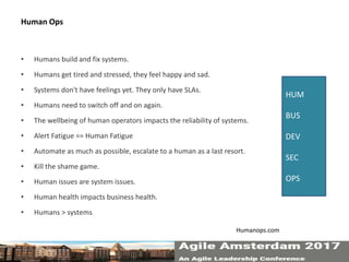 • Humans build and fix systems.
• Humans get tired and stressed, they feel happy and sad.
• Systems don't have feelings yet. They only have SLAs.
• Humans need to switch off and on again.
• The wellbeing of human operators impacts the reliability of systems.
• Alert Fatigue == Human Fatigue
• Automate as much as possible, escalate to a human as a last resort.
• Kill the shame game.
• Human issues are system issues.
• Human health impacts business health.
• Humans > systems
Human Ops
Humanops.com
HUM
BUS
DEV
SEC
OPS
 