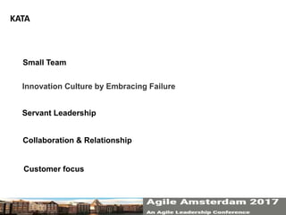 KATA
Small Team
Customer focus
Collaboration & Relationship
Servant Leadership
Innovation Culture by Embracing Failure
 