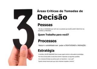 Áreas Críticas de Tomadas de

Decisão
Pessoas
 Na vida, as habilidades que você usa e as pessoas que escolhe podem determinar seu
SUCESSO ou FRACASSO.

   1 Beginner’s mind
Quem Trabalha para você?
   2 Simplicity
Processos
   3 Visualization
 Reduzir a variabilidade sem podarj a CRIATIVIDADE e INOVAÇÃO.


Estratégia
A temática VALOR AGREGADO deve ocupar papel central na discussão da estratégia.
No início da discussão os executivos devem responder as seguintes questões:
Se a empresa fechasse as portas quem se importaria – e por quê?
Quanto tempo levaria para que outra empresa ocupasse a brecha?
 